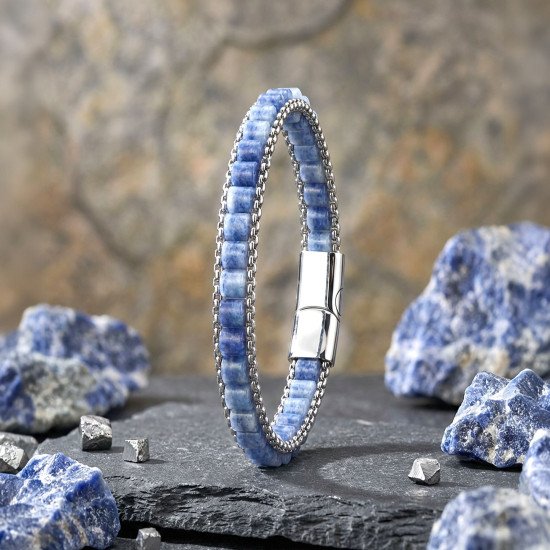 Mavi aventurin doğal taşlı hasır örgü zincirli erkek çelik bileklik