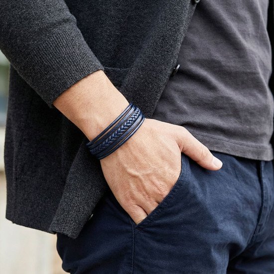 Şık ve maskülen mavi deri bileklik Mavi çoklu deri erkek bileklik