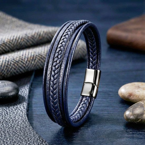 Şık ve maskülen mavi deri bileklik Mavi çoklu deri erkek bileklik