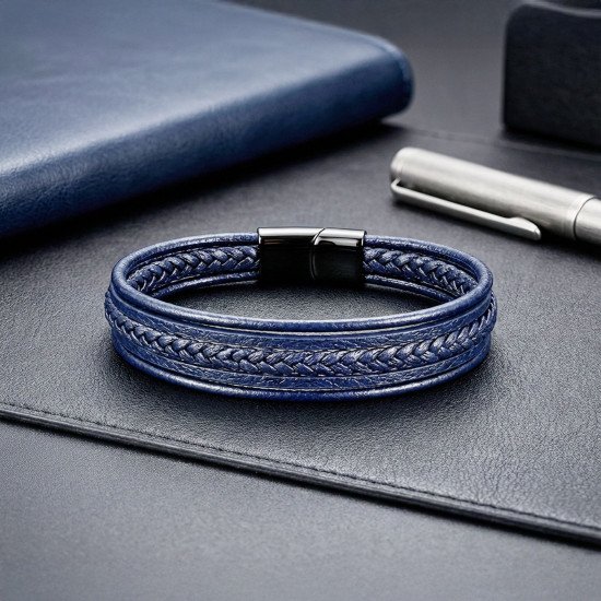 Şık ve maskülen mavi deri bileklik Mavi çoklu deri erkek bileklik