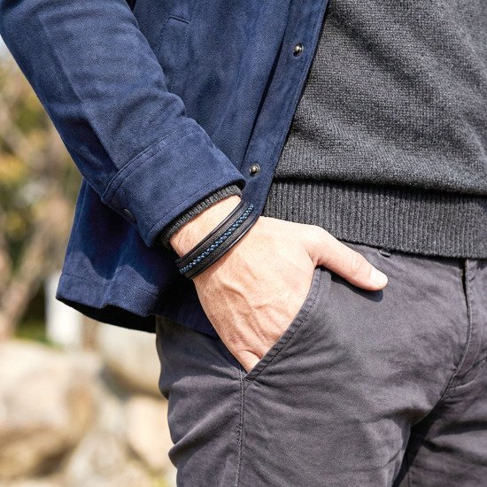 Mavi hematit taşlı çoklu deri erkek bileklik