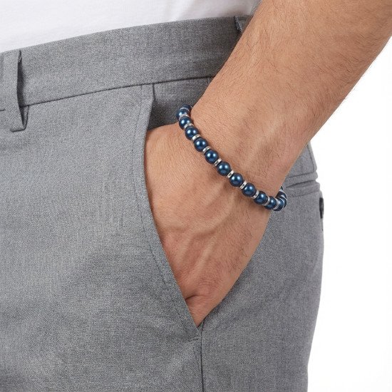 Mavi hematit taşlı maskülen çelik zincir bileklik Mavi küre hematit taşlı ayarlanabilir çelik zincir erkek bileklik