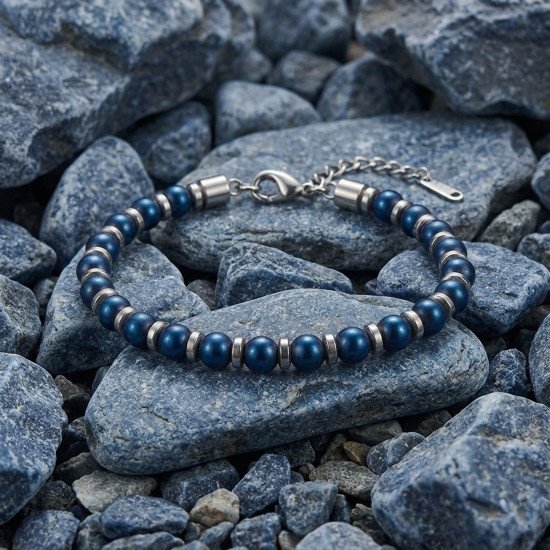 Mavi hematit taşlı maskülen çelik zincir bileklik Mavi küre hematit taşlı ayarlanabilir çelik zincir erkek bileklik