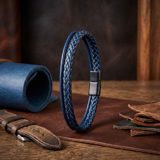 Maskülen şık mavi çoklu deri bileklik Mavi çoklu deri erkek bileklik