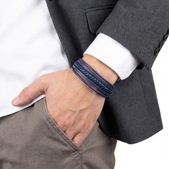 Mavi-Siyah Çoklu El Örgüsü ve Düz Deri Erkek Bileklik