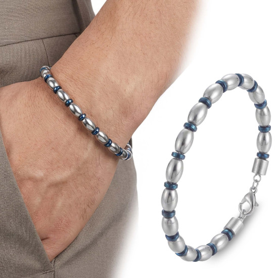 Mavi ve Gümüş Hematit Doğal Taşlı Ayarlanabilir Çelik Erkek Bileklik