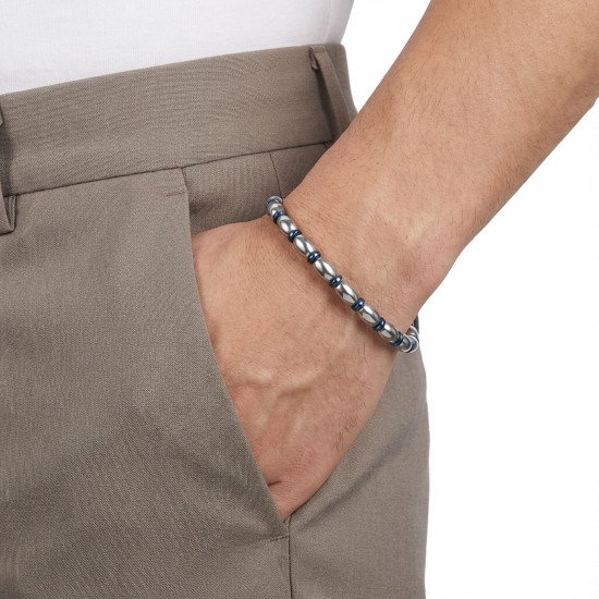 Mavi ve Gümüş Hematit Doğal Taşlı Ayarlanabilir Çelik Erkek Bileklik