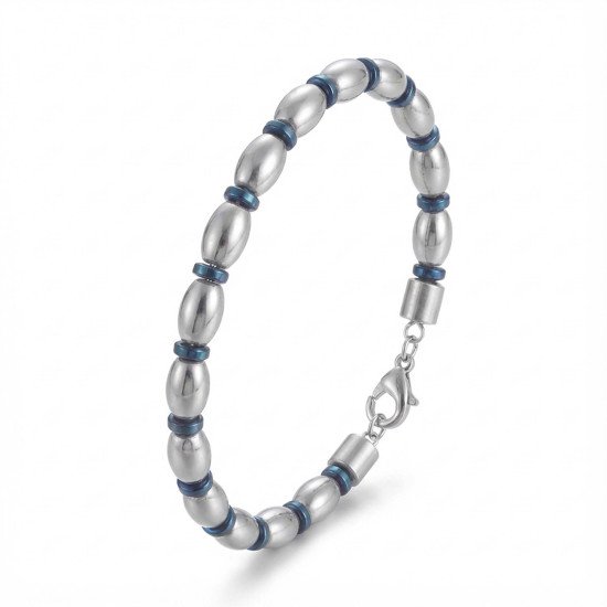 Mavi ve Gümüş Hematit Doğal Taşlı Ayarlanabilir Çelik Erkek Bileklik