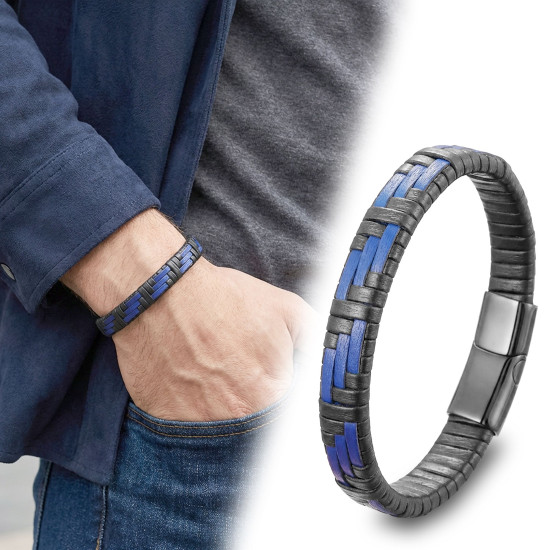 Mavi Siyah Deri El Örgüsü Çelik Erkek Bileklik