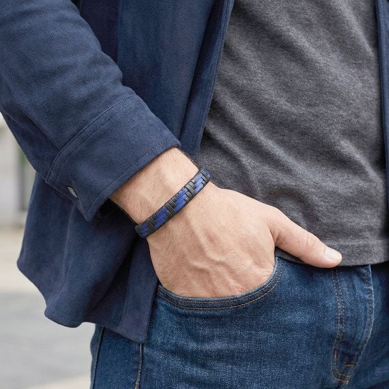 Mavi Siyah Deri El Örgüsü Çelik Erkek Bileklik