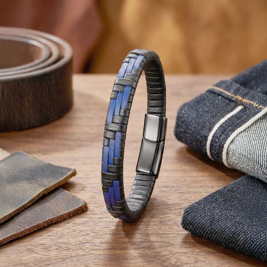 Mavi Siyah Deri El Örgüsü Çelik Erkek Bileklik