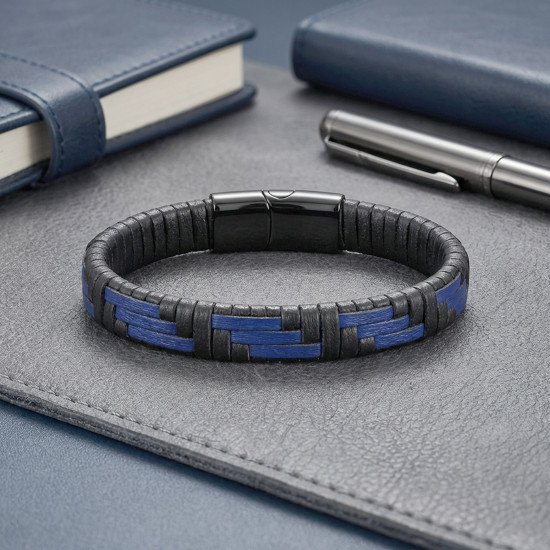 Mavi Siyah Deri El Örgüsü Çelik Erkek Bileklik