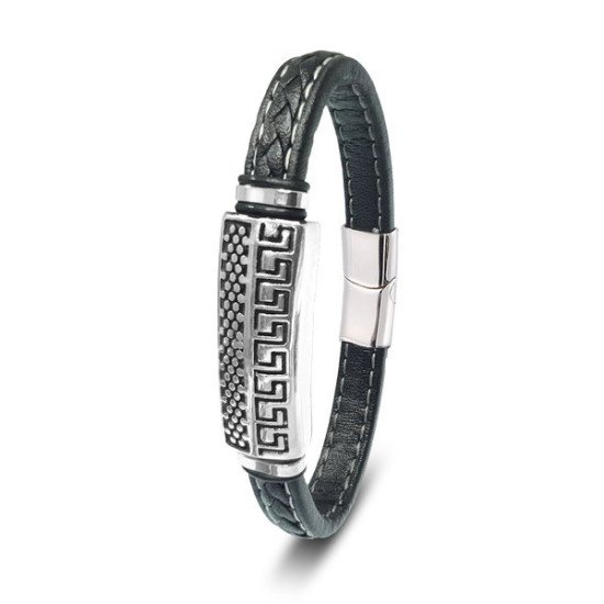 Siyah Örgü Deri ve Antik Motif Detaylı Çelik Erkek Bileklik