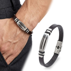 Siyah Deri ve Çelik Motif Detaylı Erkek Bileklik