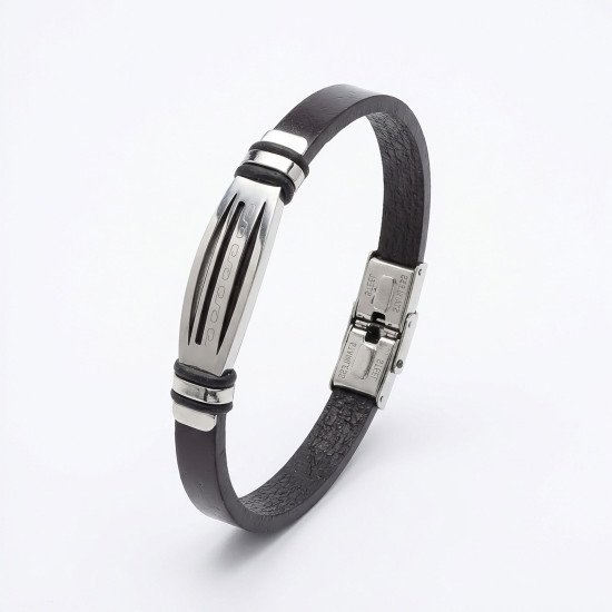 Siyah Deri ve Çelik Motif Detaylı Erkek Bileklik Siyah Deri ve Çelik Motif Detaylı Erkek Bileklik