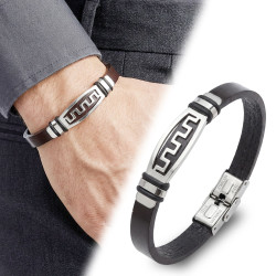 Siyah Deri Geometrik Motifli Çelik Erkek Bileklik