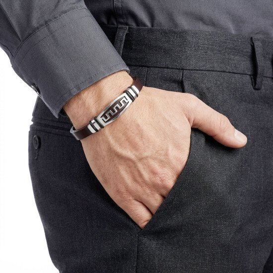 Siyah Deri Geometrik Motifli Çelik Erkek Bileklik Siyah Deri Geometrik Motifli Çelik Erkek Bileklik