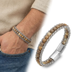 Odun Jasper Doğal Taşlı Hasır Örgü Zincir Çelik Erkek Bileklik