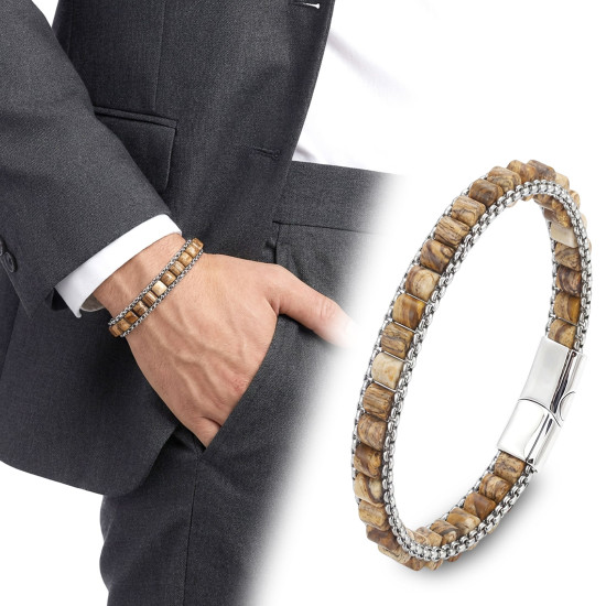 Premium odun jasper doğal taşlı hasır örgü zincirli erkek çelik bileklik