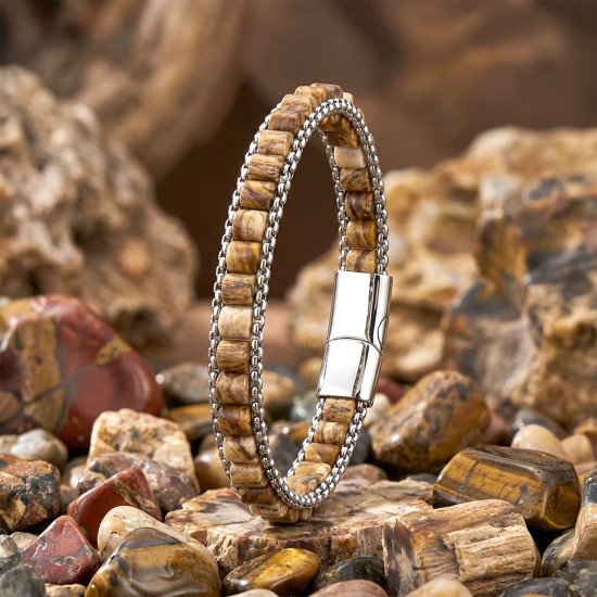 Premium odun jasper doğal taşlı hasır örgü zincirli erkek çelik bileklik