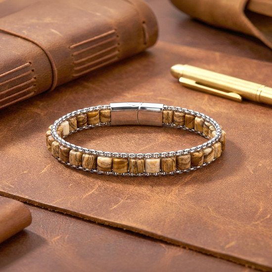 Premium odun jasper doğal taşlı hasır örgü zincirli erkek çelik bileklik