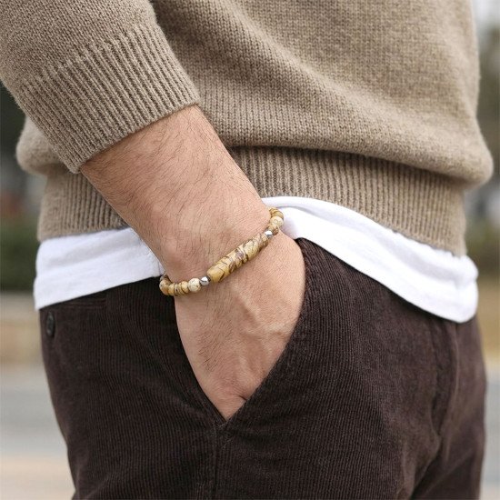 Odun Jasper Doğaltaş Çelik Halat Erkek Bileklik