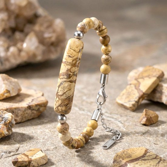 Odun Jasper Doğaltaş Çelik Halat Erkek Bileklik