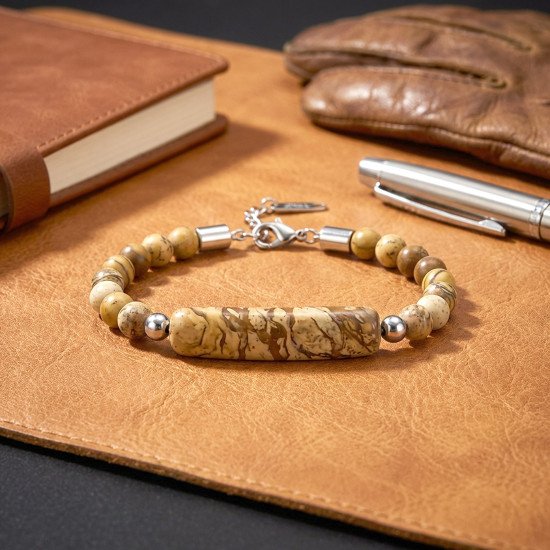 Odun Jasper Doğaltaş Çelik Halat Erkek Bileklik