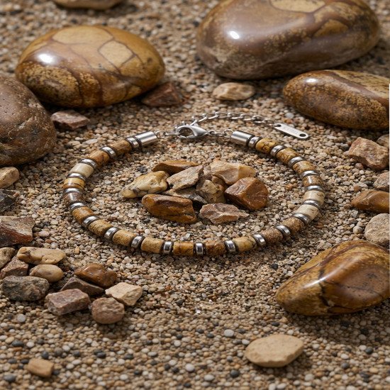 Doğal Jasper ve Hematit Doğal Taş Ayarlanabilir Çelik Erkek Bileklik