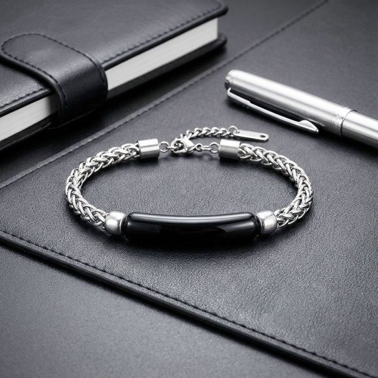 Oniks Doğal Taşlı Ayarlanabilir Çelik Zincir Erkek Bileklik - Casera's Oniks doğal taşlı ayarlanabilir çelik zincir erkek bileklik