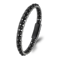 Oniks Doğal Taş ve Çelik Halat Örgü Erkek Bileklik