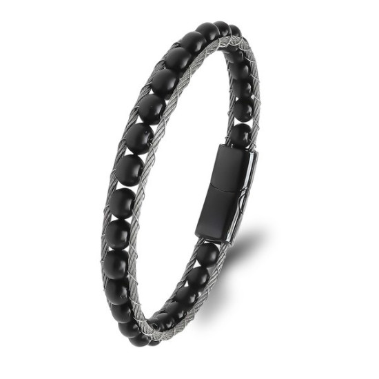 Oniks Doğal Taş ve Çelik Halat Örgü Erkek Bileklik Oniks Doğal Taş ve Çelik Halat Örgü Erkek Bileklik