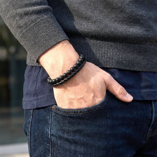 Oniks taşlı deri erkek bileklik