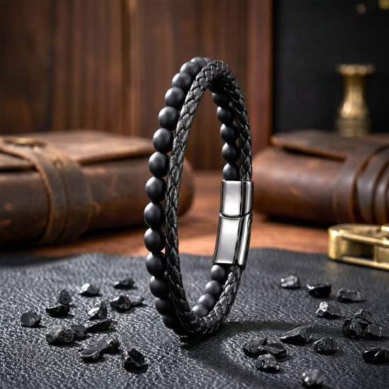 Oniks taşlı deri erkek bileklik