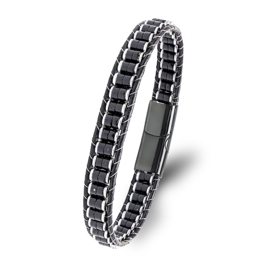 Oniks ve hematit taşlı çelik örgülü deri erkek bileklik