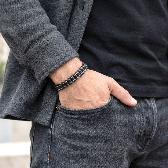 Oniks ve hematit taşlı çelik örgülü deri erkek bileklik