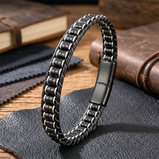 Oniks ve hematit taşlı çelik örgülü deri erkek bileklik