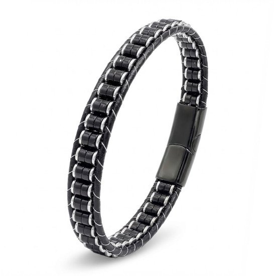 Oniks ve hematit taşlı çelik örgülü deri erkek bileklik