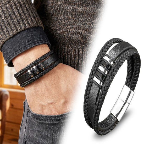 Premium Orijinal Deri ve 316L Çoklu Çelik Erkek Bileklik - Casera's Premium orijinal deri ve 316L çoklu çelik erkek bileklik