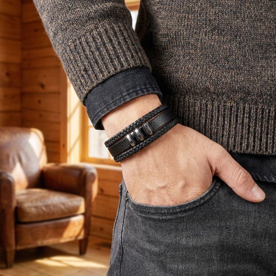 Premium Orijinal Deri ve 316L Çoklu Çelik Erkek Bileklik - Casera's Premium orijinal deri ve 316L çoklu çelik erkek bileklik