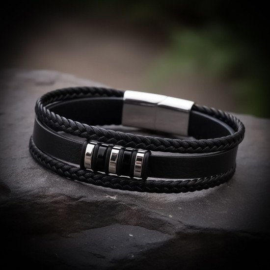 Premium Orijinal Deri ve 316L Çoklu Çelik Erkek Bileklik - Casera's Premium orijinal deri ve 316L çoklu çelik erkek bileklik