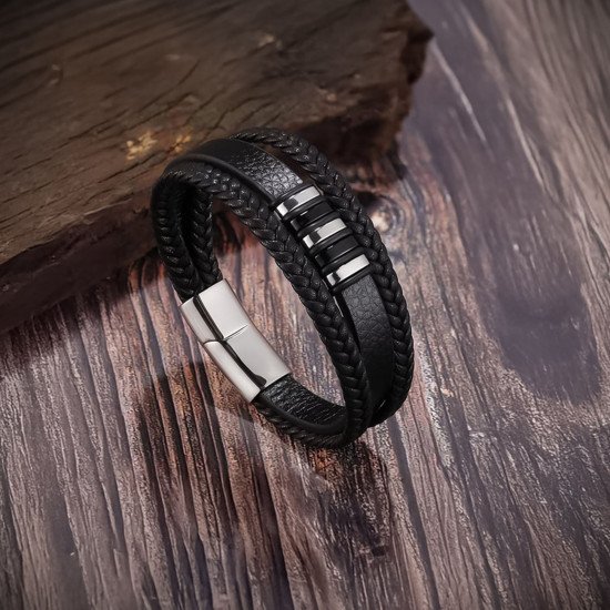 Premium Orijinal Deri ve 316L Çoklu Çelik Erkek Bileklik - Casera's Premium orijinal deri ve 316L çoklu çelik erkek bileklik