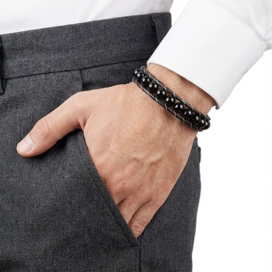 Parlak Oniks Doğal Taşlı Deri Erkek Bileklik