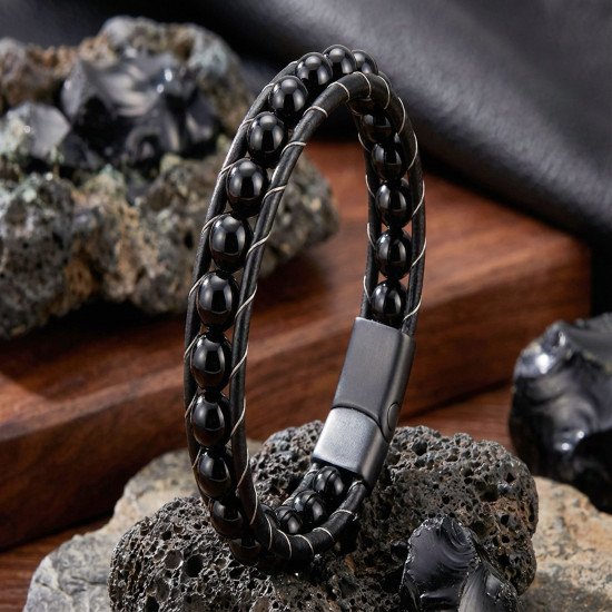 Parlak Oniks Doğal Taşlı Deri Erkek Bileklik