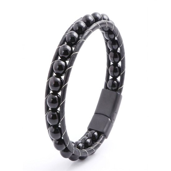 Parlak Oniks Doğal Taşlı Deri Erkek Bileklik