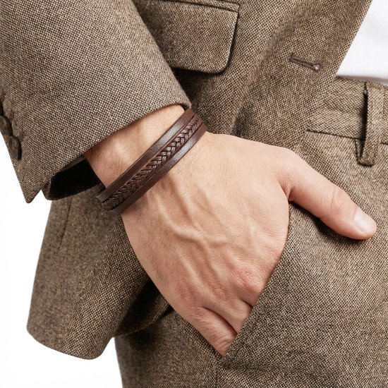 Kahverengi örgü ve çelik detaylı erkek bileklik
