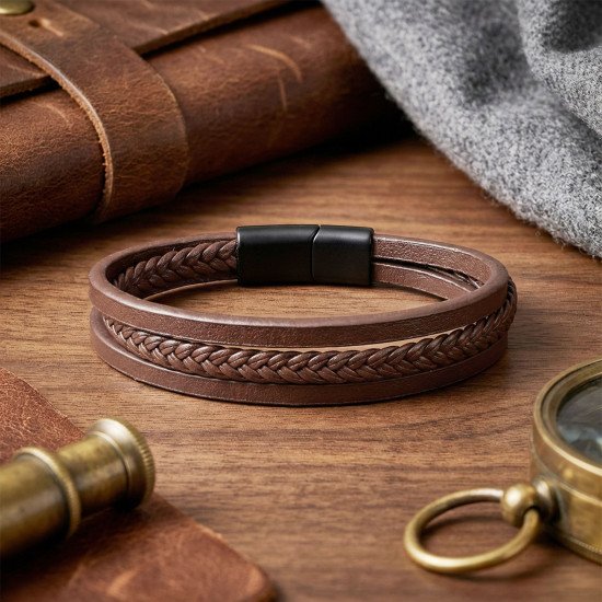 Kahverengi örgü ve çelik detaylı erkek bileklik