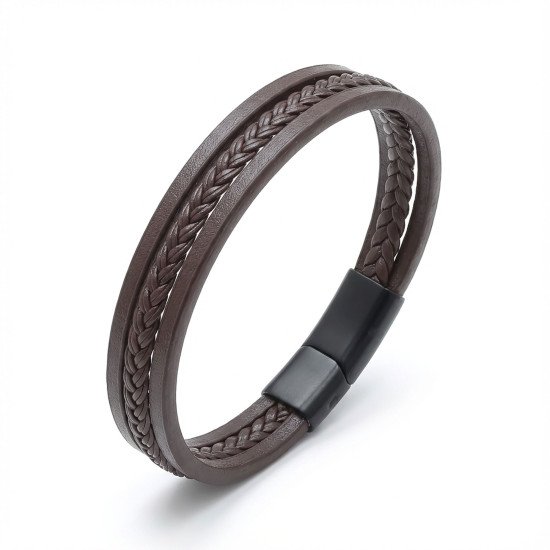 Kahverengi örgü ve çelik detaylı erkek bileklik