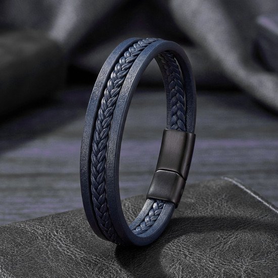 Lacivert Deri Çoklu El Örgüsü Çelik Erkek Bileklik Lacivert Deri Çoklu El Örgüsü Çelik Erkek Bileklik