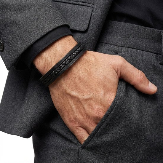 Siyah Deri El Örgüsü Çelik Erkek Bileklik